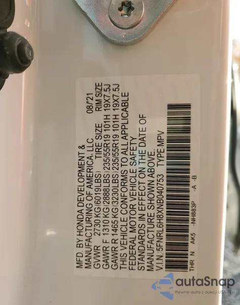 2022 Honda Odyssey Touring из США, поврежденный, VIN 5FNRL6H8XNB040753